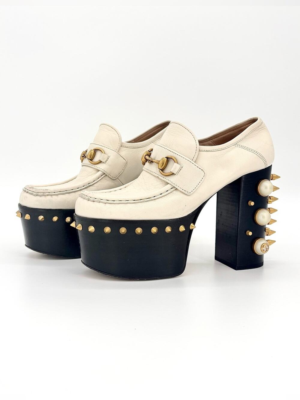 Gucci Vegas Spiked Pearl Horsebit Platform High Block Heel Loafers 36